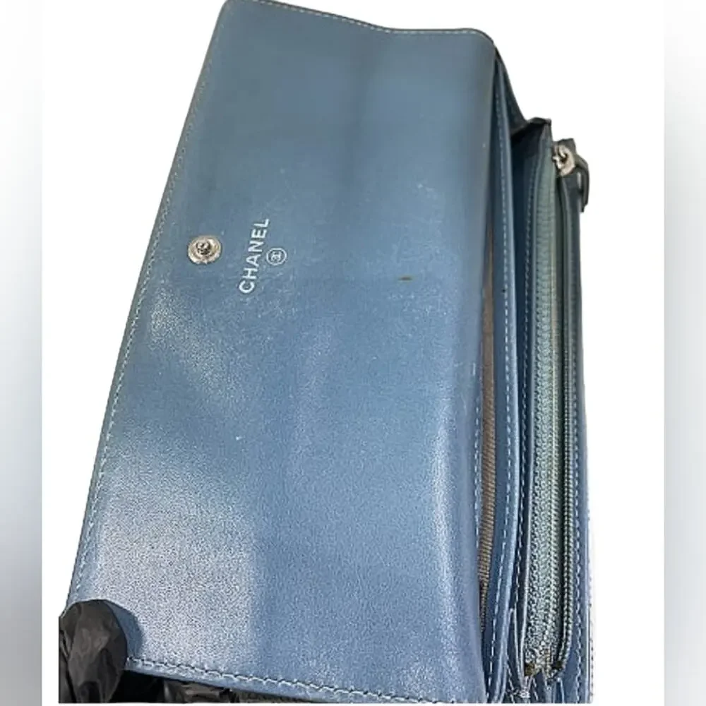 Chanel Powder Blue Logo Caviar Leather Long Wallet